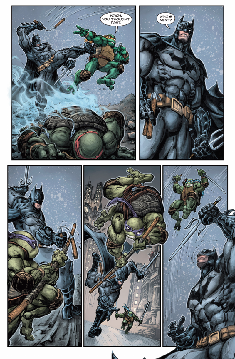 Illustration for article titled The Batman/Teenage Mutant Ninja Turtles Crossover Has Had Its Mandatory Hero Fight, and It Is Fantastic